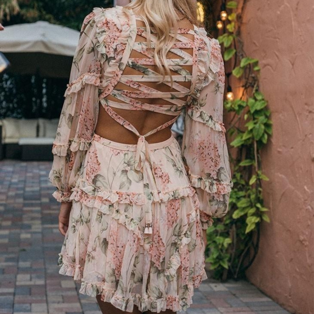 Pink chiffon V neck floral print lace up back